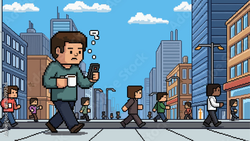 Confused pixel art man looking at his phone while walking with coffee on a busy city street with other pedestrians and skyscrapers in a retro 8-bit video game style