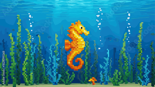 Orange and yellow pixel art seahorse swims in a retro 8-bit video game style ocean with blue water, green seaweed, and rising pixelated bubbles