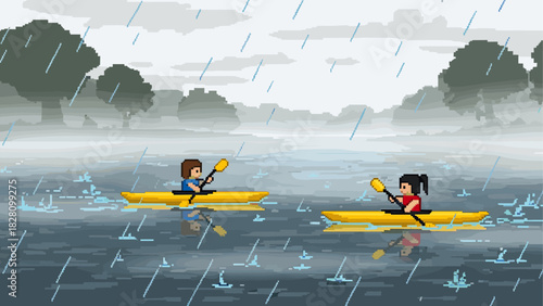 Pixel art illustration of two people kayaking in yellow boats on a calm lake during a downpour, with a moody, overcast sky and a forest silhouette in the background