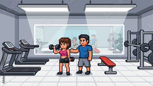 Pixel art illustration of a fitness coach training a woman with dumbbells in a health club scene with exercise equipment, rendered in a retro 8-bit video game aesthetic