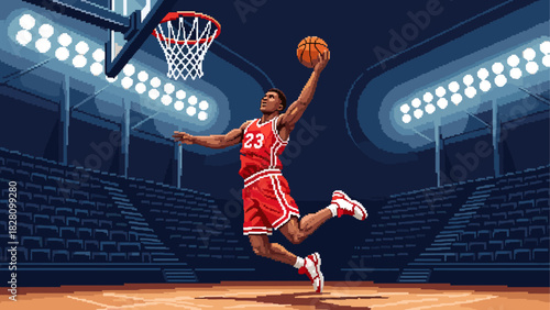 Pixel art basketball player in red uniform jumping to slam dunk the ball in a dark stadium with bright lights, retro 8-bit video game style illustration