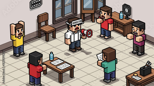 Pixel art illustration of a movie director shouting through a megaphone at actors during a stressful casting audition or rehearsal in a studio