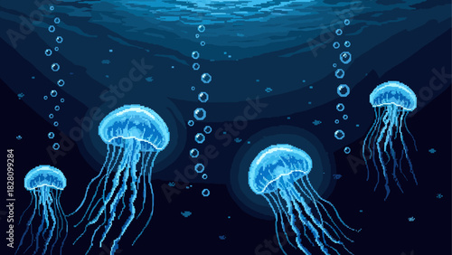 Pixel art illustration of glowing blue jellyfish swimming in the deep dark ocean with bubbles rising to the surface, a retro 8-bit video game style graphic