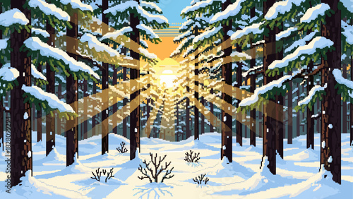 Pixel art winter forest landscape with snow-covered pine trees and golden sunbeams from a low sun shining through the branches, creating a serene and magical atmosphere