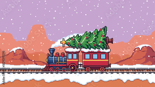 Pixelated red and blue steam train carrying a decorated Christmas tree travels through a snowy mountain landscape in a retro 8-bit video game style