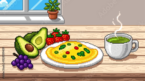 Healthy pixel art breakfast spread featuring an omelette, avocado, berries, and steaming green tea on a rustic wooden table in front of a bright window