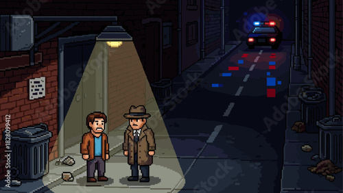 Two pixel art characters, a detective and witness, stand in a dark alley under a streetlamp with a police car in the background, creating a noir crime scene atmosphere