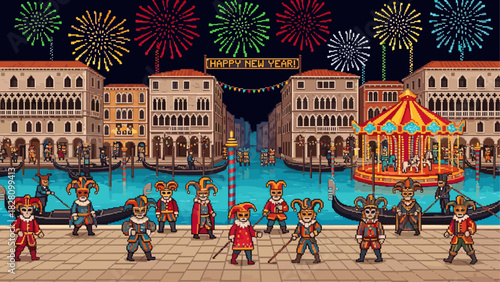 Pixel art carnival celebration with masked jesters celebrating New Year's Eve with fireworks over a historic canal city in a retro video game style