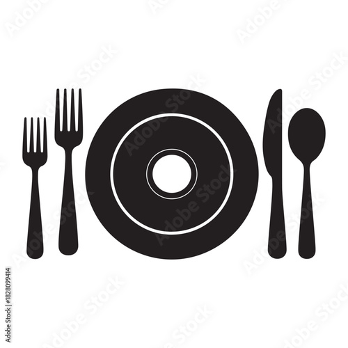 Minimalist Dining Set Icons – Plate, Fork, Knife and Spoon Symbols for Restaurant, Menu and Food Service Designs