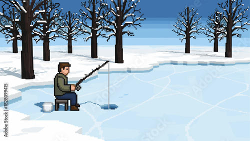 Pixel art illustration of a solitary man ice fishing on a frozen lake, sitting patiently by a hole in the ice in a serene, snowy winter landscape with bare trees
