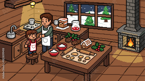 Pixel art illustration of a father and child baking Christmas cookies together in a cozy, rustic kitchen with a warm fireplace and a snowy winter view from the window