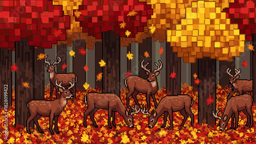 Herd of pixelated brown deer with antlers grazes in a vibrant autumn forest with colorful red and yellow foliage and falling leaves in a retro 8-bit video game art style