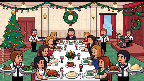 Large group of pixel art people enjoying a festive Christmas dinner at a long table in an elegant restaurant with waiters serving food and a band playing
