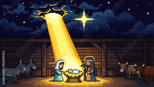 Pixel art nativity scene with Mary Joseph and baby Jesus in a manger illuminated by a divine light from the Star of Bethlehem in a retro 8-bit video game style