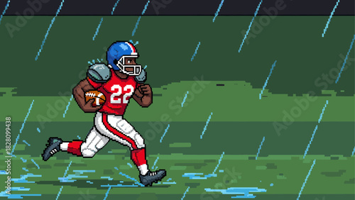 Pixel art American football player running with the ball in a red uniform during a rainy night game, a dynamic retro 8-bit video game style illustration