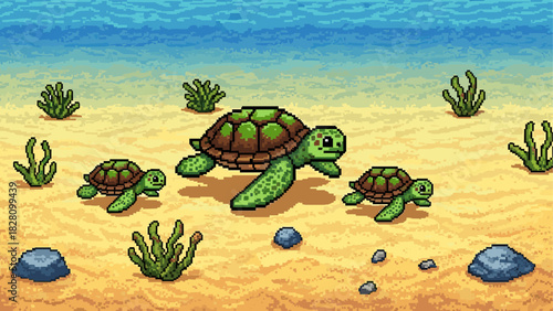 Pixel art family of cute green turtles walking on the sandy ocean floor with seaweed and rocks in a retro 8-bit video game style illustration