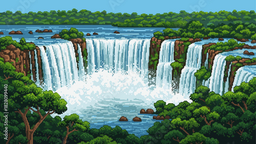 Pixel art waterfall landscape with cascading water over cliffs in a lush green jungle, a retro 8-bit video game style illustration of a powerful natural scene