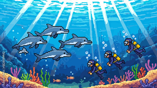 Pixel art underwater scene with dolphins and scuba divers swimming in a vibrant blue ocean with sunbeams shining through the water over a colorful coral reef