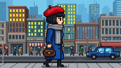 Pixel art woman in a red beret and blue coat walking on a busy city street with pedestrians and cars in a retro 8-bit video game style illustration