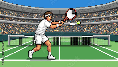 Pixel art tennis player in white uniform hitting a forehand shot with a red racket on a green court inside a large stadium full of spectators in a retro video game style