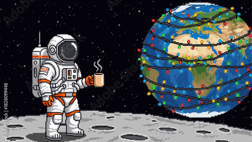 Pixel art astronaut in a spacesuit holding a steaming mug on the moon, watching planet Earth decorated with festive Christmas lights in a whimsical retro video game style