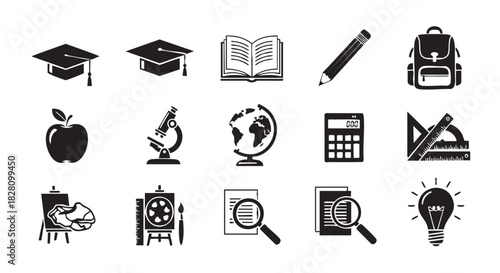 Collection of Educational Icons Depicting Academic Achievement and Scientific Discovery
