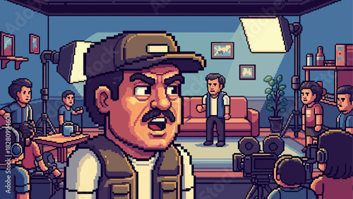 Pixel art movie director character with a mustache and cap shouting commands on a busy film set with actors, crew, cameras, and studio lights in a retro video game style