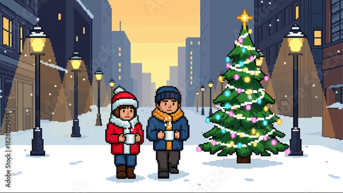Two pixel art characters in winter clothes walking through a snowy city street with a decorated Christmas tree and glowing streetlights during a festive evening