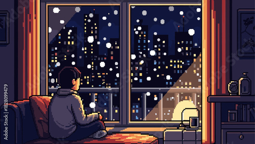 Pixel art illustration of a lonely person sitting on a sofa and watching the snow fall over a glowing cityscape at night from a cozy, warm apartment window