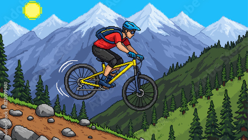 Pixel art mountain biker jumping high on a yellow bicycle along a scenic trail with a beautiful alpine forest and snow-capped peaks in a retro video game style