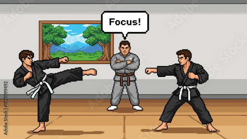 Pixel art illustration of martial arts students training with their instructor in a dojo, practicing kicks and punches while the sensei says 'Focus' in a speech bubble