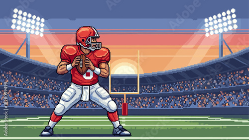 Pixel art American football quarterback player in a red uniform holding the ball, preparing to pass during a game in a packed stadium at sunset