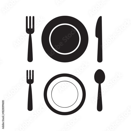 Minimalist Dining Set Icons – Plate, Fork, Knife and Spoon Symbols for Restaurant, Menu and Food Service Designs