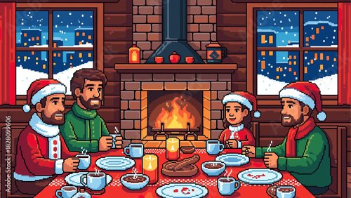 Pixel art family wearing Santa hats enjoys a festive Christmas dinner together in a cozy room with a warm fireplace and a snowy window view in a retro video game style