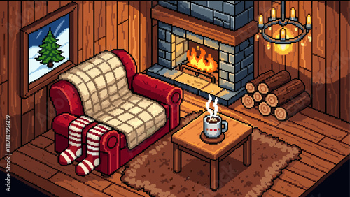 Cozy pixel art living room interior with a crackling fireplace, comfortable armchair, and a steaming mug creating a warm, inviting winter holiday atmosphere