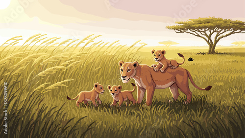 Pixel art lioness mother with three cubs standing in a golden savanna grassland with an acacia tree in the background, a warm and gentle family wildlife scene in a retro 8-bit style