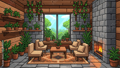 Cozy pixel art living room interior with numerous potted plants, a warm stone fireplace, comfortable armchairs, and a large window showing a lush green landscape