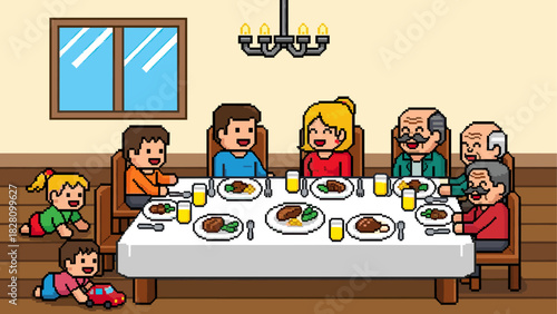 Pixel art multi-generational family gathering for dinner at a long table in a cozy dining room, with children playing on the floor and everyone smiling happily