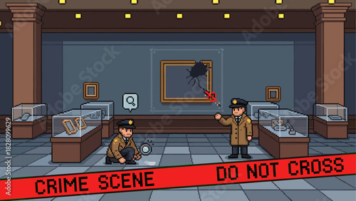 Pixel art illustration of two detectives investigating a crime scene inside a museum with a broken painting and red tape in a retro 8-bit video game style