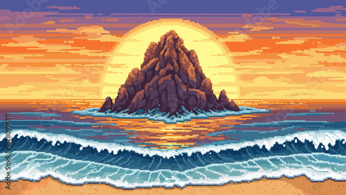 Pixel art illustration of a rocky island at sunset, a serene seascape with a vibrant orange sky, calm ocean waves, and a sandy beach in a retro 8-bit style