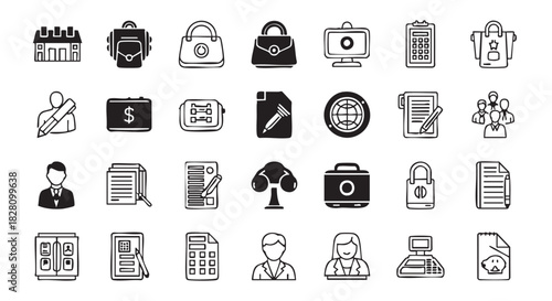 Collection of Hand Drawn Business and School Icon Set in Vector