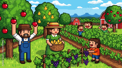 Pixel art family of farmers harvesting fruit in a vibrant orchard with apple trees, a vineyard, and a red barn in the background on a sunny day