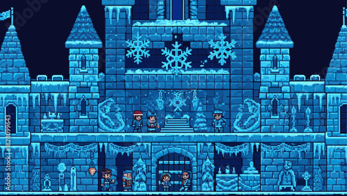Frozen pixel art castle with towers and ramparts is decorated for a winter holiday with large snowflakes and icicles, creating a magical, cold, nighttime scene