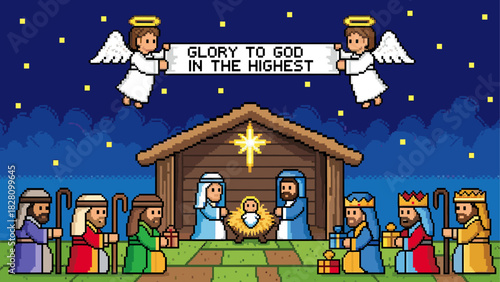 Pixel art Nativity scene with baby Jesus in a manger, Mary, Joseph, wise men, and shepherds gathered under a starry night sky with flying angels