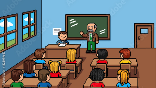 Pixel art illustration of a classroom scene with a male teacher giving a lesson to young students sitting at their desks in a retro 8-bit video game style