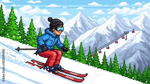 Pixel art skier in a blue jacket skiing downhill on a snowy mountain slope with pine trees and a ski lift in a retro 8-bit video game style illustration