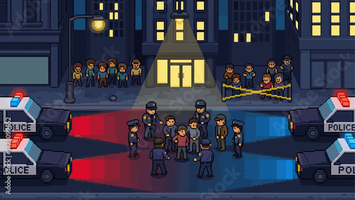 Pixel art crime scene with police officers investigating suspects on a city street at night, illuminated by flashing car lights and a building entrance