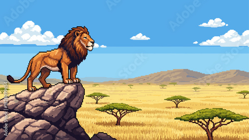 Pixel art illustration of a majestic lion standing on a rocky outcrop overlooking a vast savanna landscape with acacia trees under a blue sky