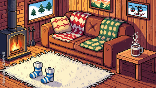 Cozy pixel art living room interior with a warm fireplace, comfortable sofa, and a view of a snowy landscape, creating a relaxing and nostalgic winter holiday atmosphere