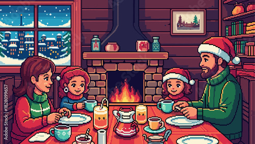 Happy pixel art family with two children having a festive Christmas dinner in a warm, cozy home with a fireplace and a snowy night view